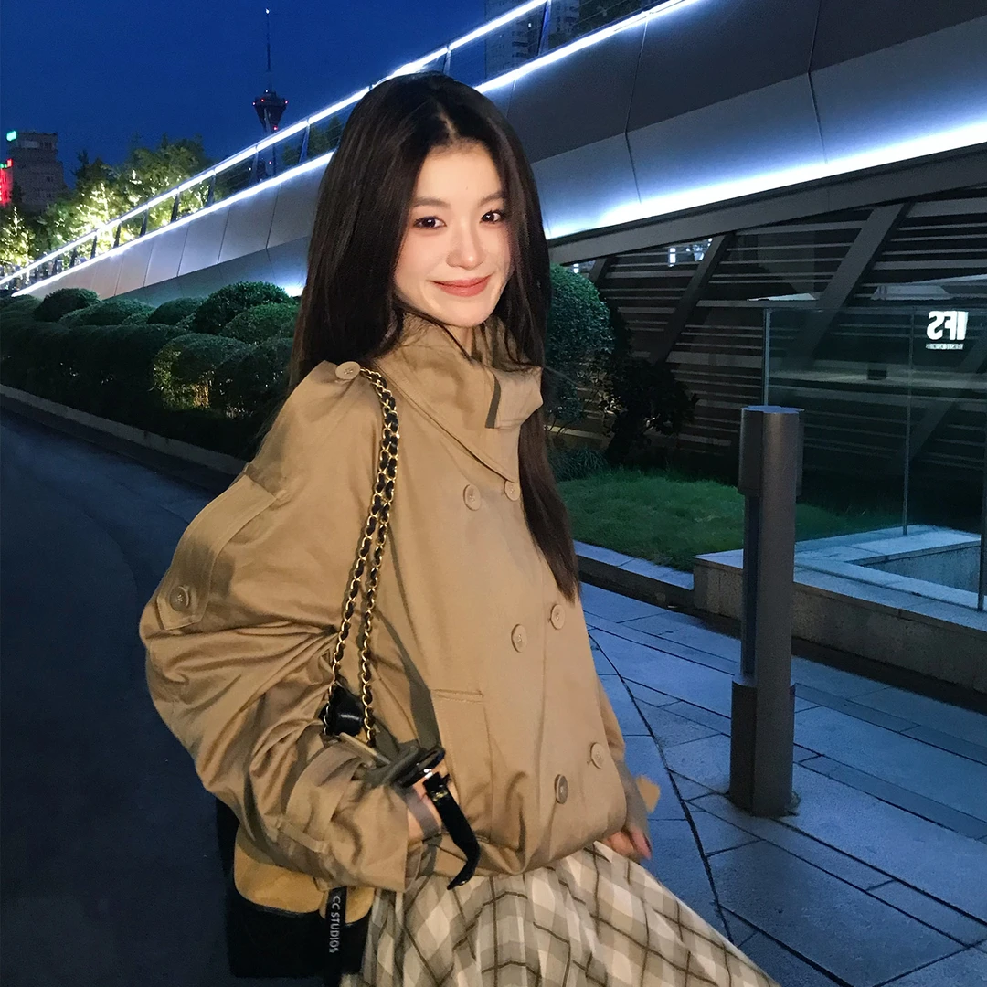 【曼城画报】RARE ZZ早秋双排扣高翻领英伦风风衣短款外套女