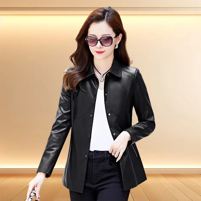 海宁真皮皮衣女中长款爆款2025年新款女士时尚收腰绵羊皮春秋外套