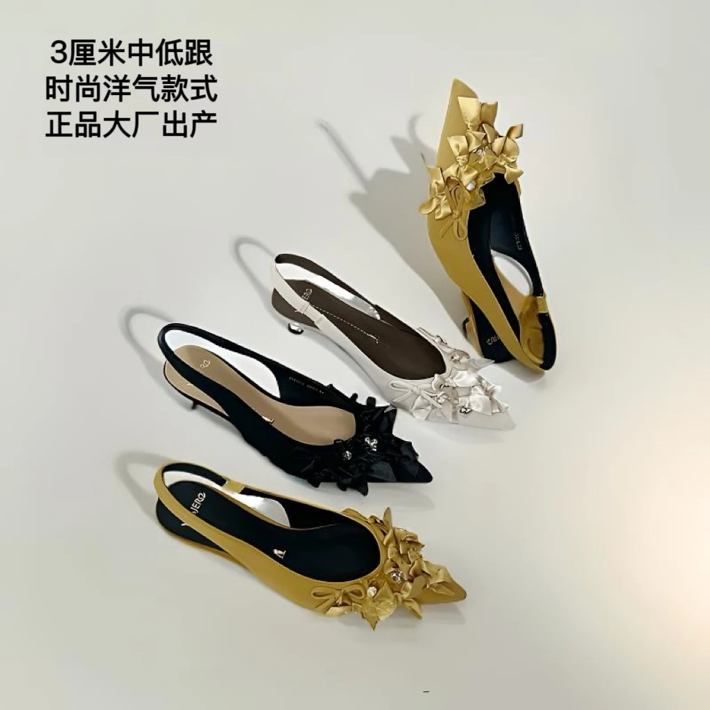 专柜正品新款浅口甜美时尚蝴蝶结低跟尖头包头淑女凉鞋26m1997