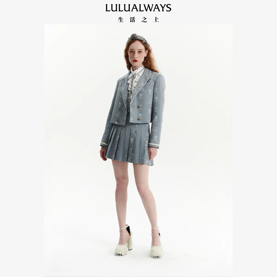 LULUALWAYS 23春 新款休闲通勤双排扣灰色西装外套 OOA1005