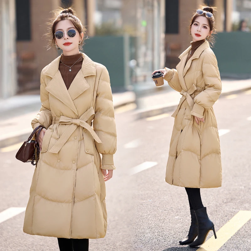 现货高级感西装领羽绒服女收腰显瘦修身中长款时尚大气冬季外套