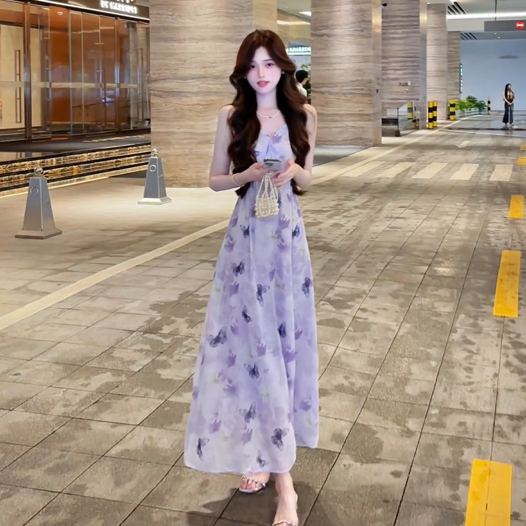 法式绝美紫色碎花吊带连衣裙女夏季2025新款海边度假气质收腰长裙