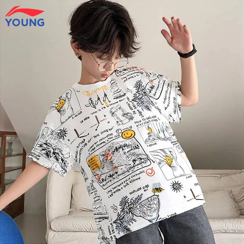 李宁儿童短袖2025夏季新款休闲宽松套头衫潮流时尚半袖中大童T恤