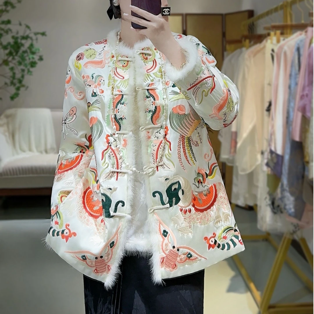 （十二生肖）国风冬季新款对襟圆领棉衣醋酸缎刺绣复古棉服外套女