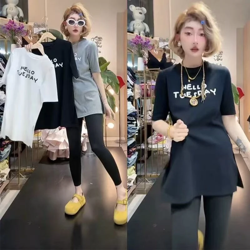 欧货2025夏季新款美式半袖字母短袖T恤女中长款侧开叉收腰上衣