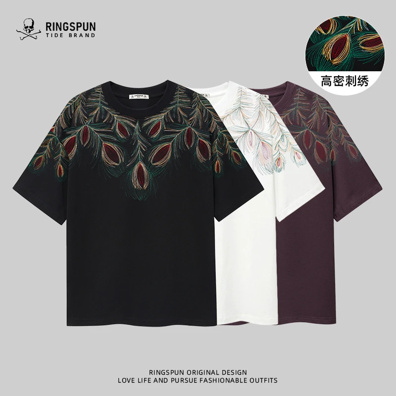 RINGSPUN【羽毛】纯棉刺绣短袖t恤男夏季潮牌宽松半袖休闲男女同款T