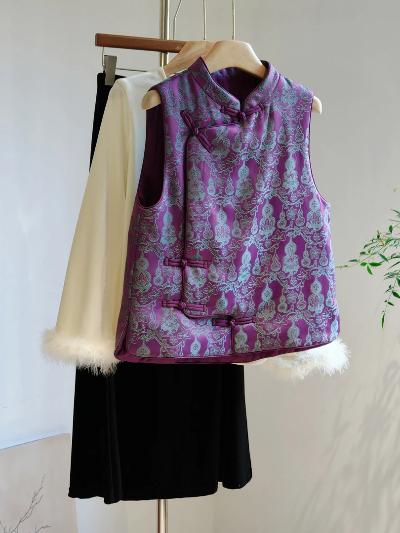 新中式国风马甲外穿秋冬女夹棉加厚背心盘扣斜襟改良唐装紫色缎面