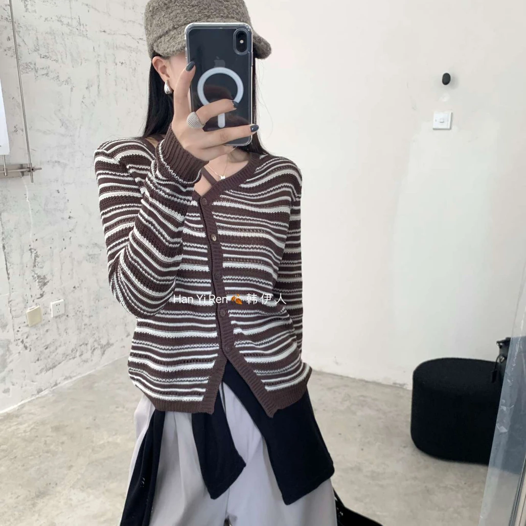 2893不规则撞色条纹上衣2025秋季新款毛针织衫百搭宽松条纹网红