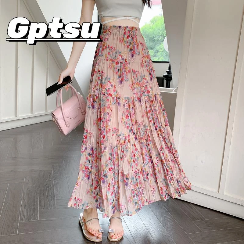 GPTSu雪纺蛋糕长裙女半身裙夏季2025气质松紧高腰遮跨a字碎花裙子