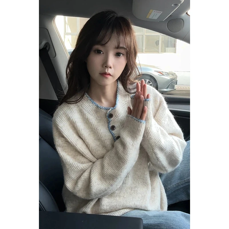 oversize软糯ins毛衣慵懒风宽松针织衫男女撞色亨利领线衣高级感