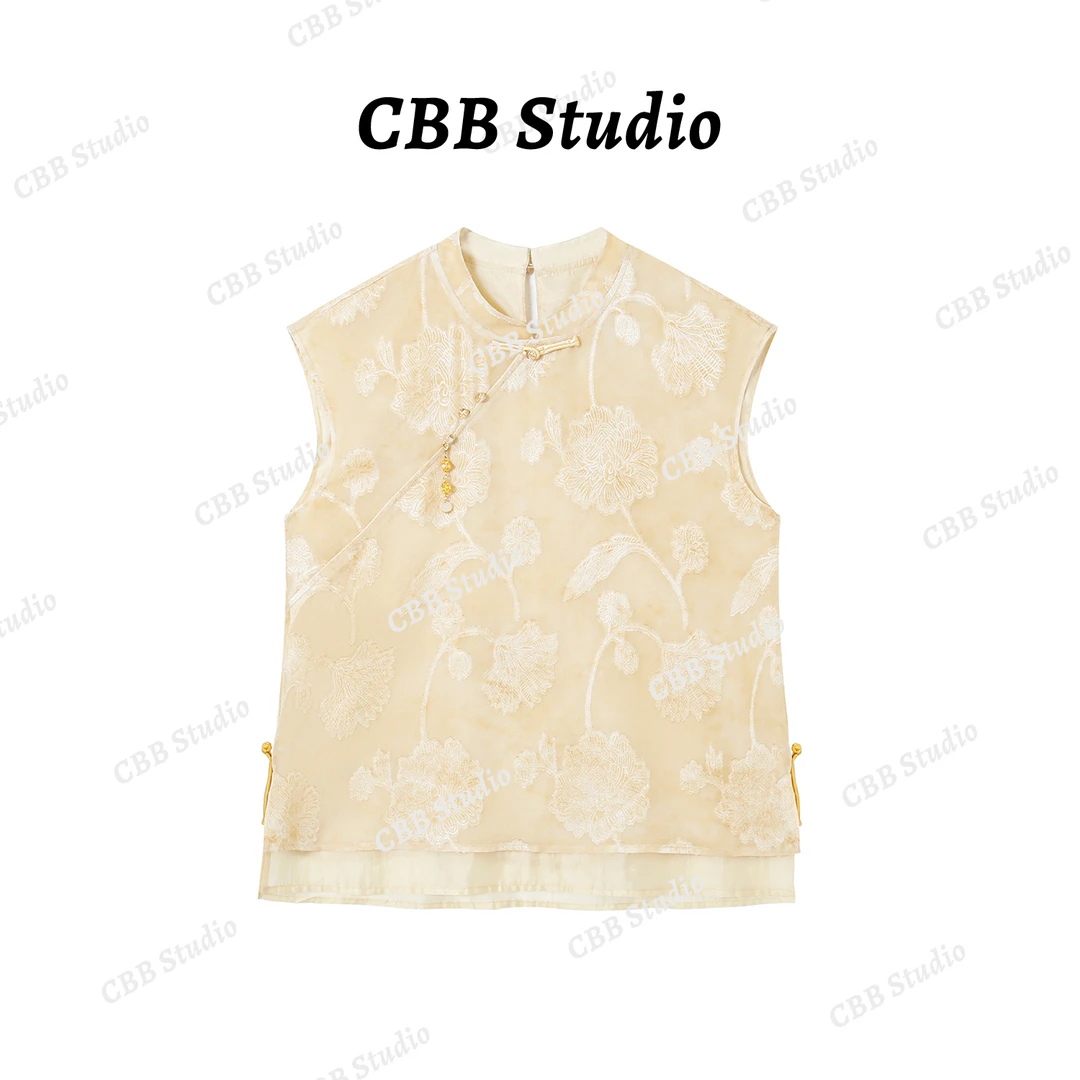 【半见】有袖印花新中式夏季镂空上衣