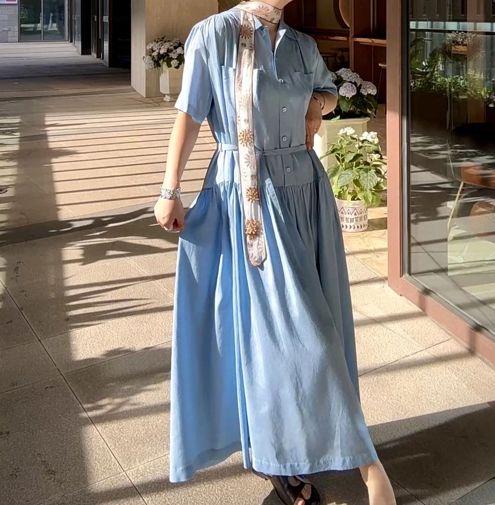 WHM柞蚕丝绸抽褶系带连衣裙