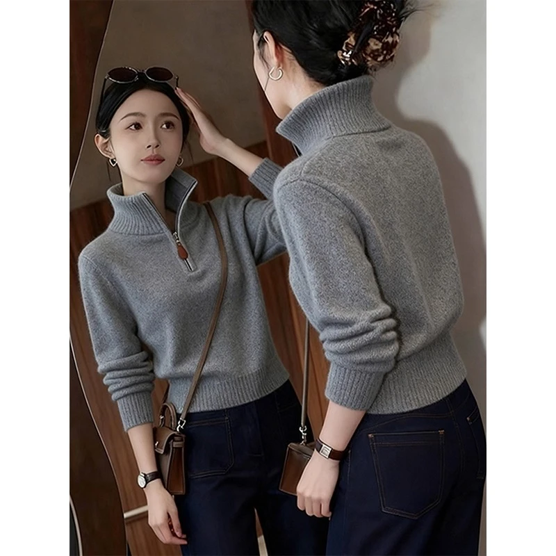 极简风灰色半拉链高领短款毛衣女2025新款女式韩系绿色v领针织衫