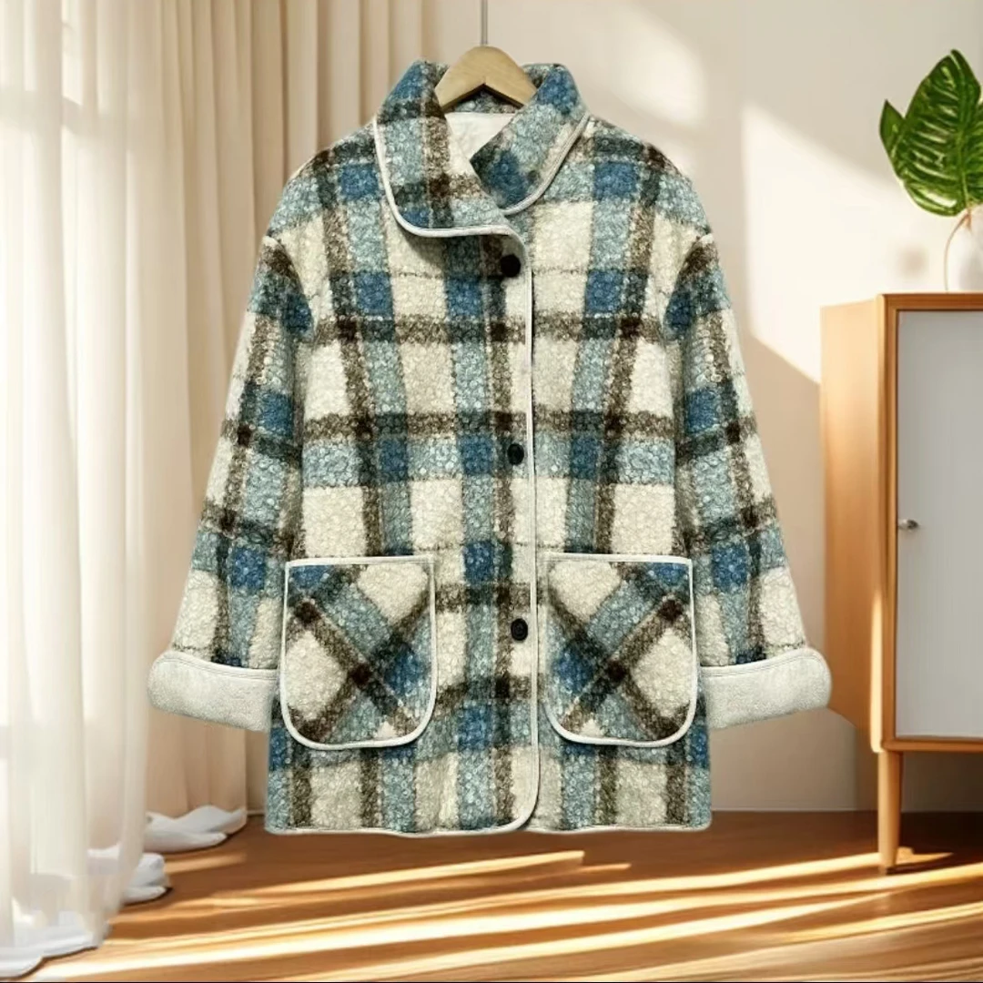 玲姐定制-复古格子拼接羊羔毛拉链纽扣中长款保暖羽绒外套333445