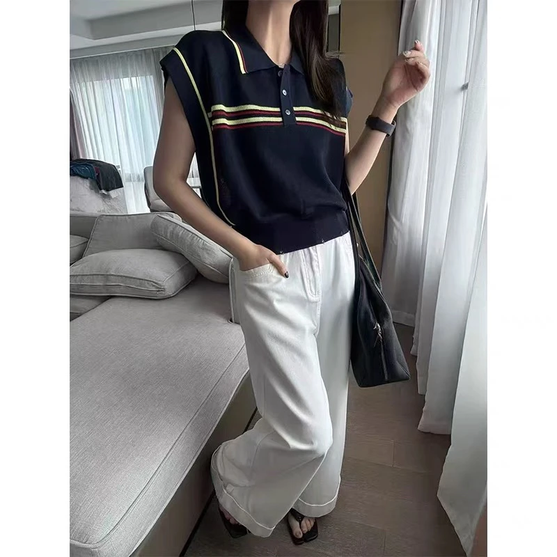 QL—98631休闲显瘦条纹拼色翻领无袖背心