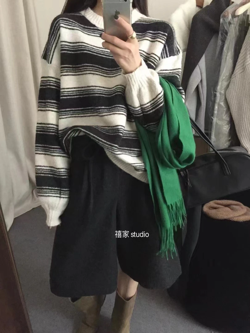 韩版气质条纹撞色长袖毛衣女内搭打底上衣