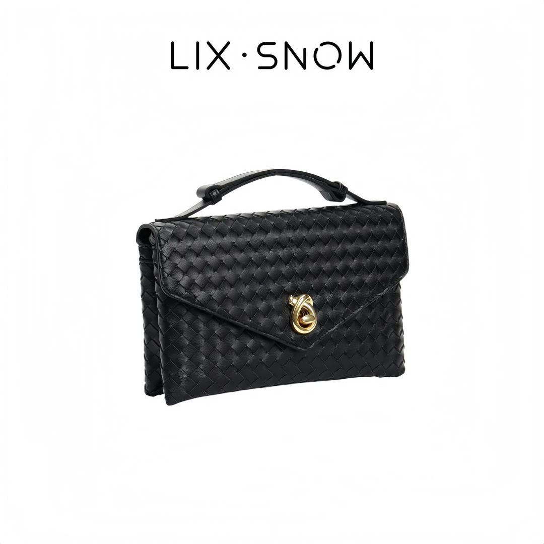 LIX.SNOW-bv羊皮真皮手工编织手提单肩顶奢老钱风黑色翻盖信封包