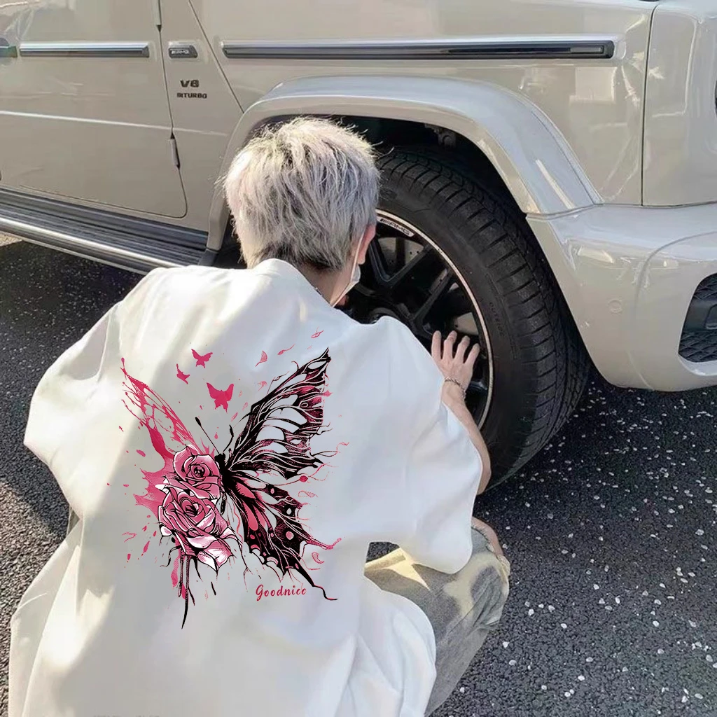 100%纯棉高克重短袖t恤2025新款渐变花蝴蝶男女宽松潮流高街圆领