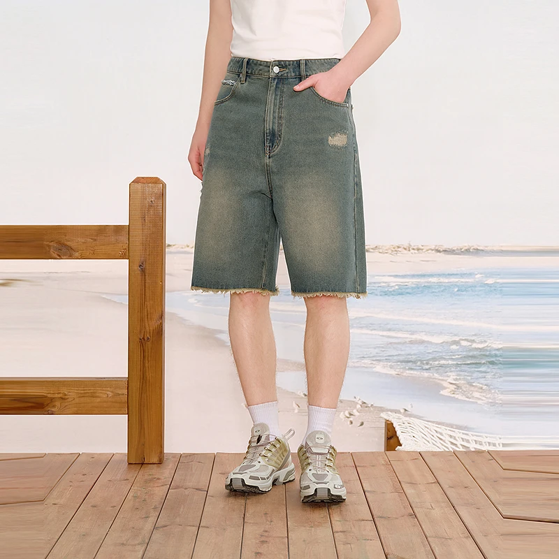 【INXX】复古做旧破洞短裤水洗牛皮纸泼墨皮标直筒裤男XRF2240956