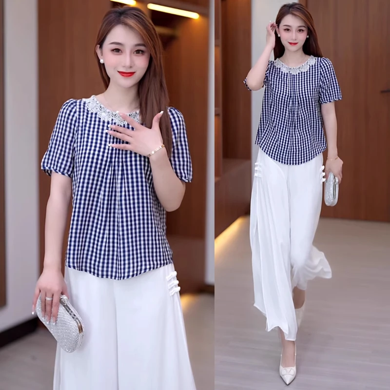 小个子时尚格子衬衫套装女夏季新款洋气蕾丝花边衬衣阔腿裤两件套
