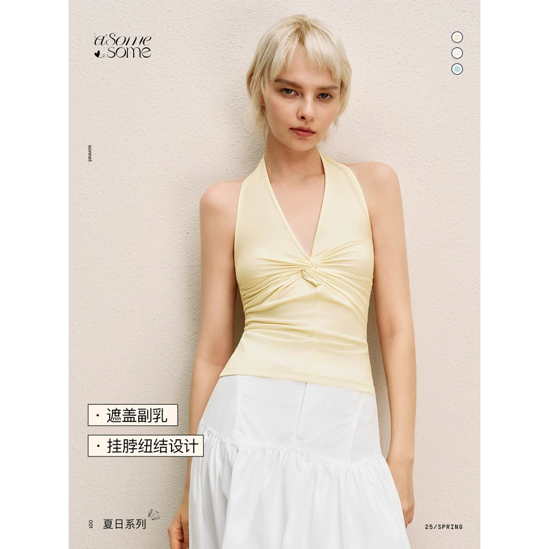 asomesome美式深V领纽结褶皱挂脖背心吊带女夏设计感微透修身上衣