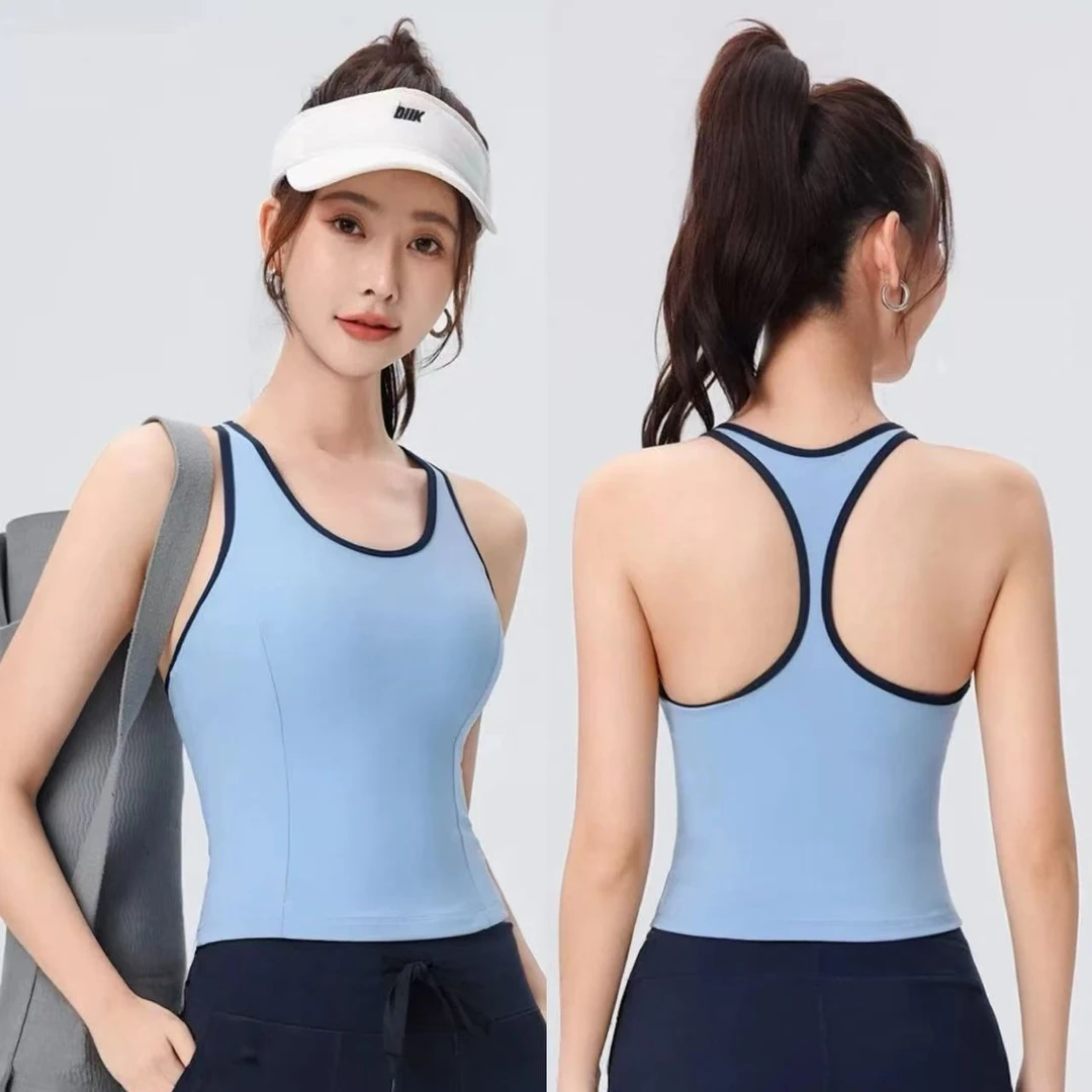 运动背心女带胸垫工字美背瑜伽服跑步健身透气上衣防震外穿训练服