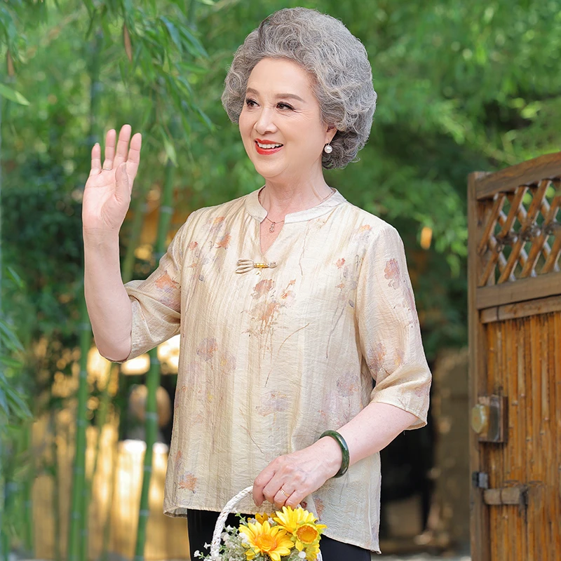 妈妈装夏装女洋气宽松T恤小衫气质上衣中老年女装奶奶装夏季衣服