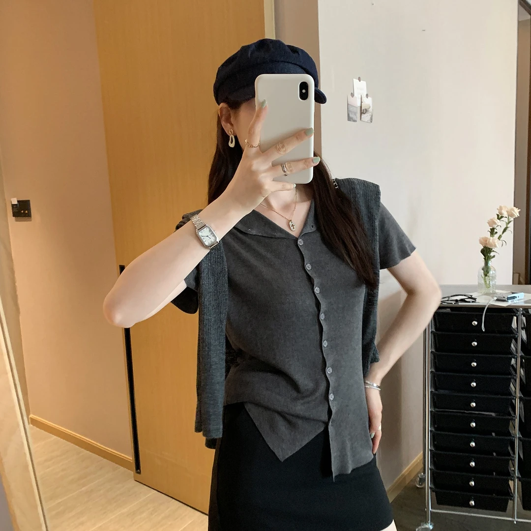 莱赛尔天丝韩系灰色圆领短袖针织开衫女夏新款宽松T恤