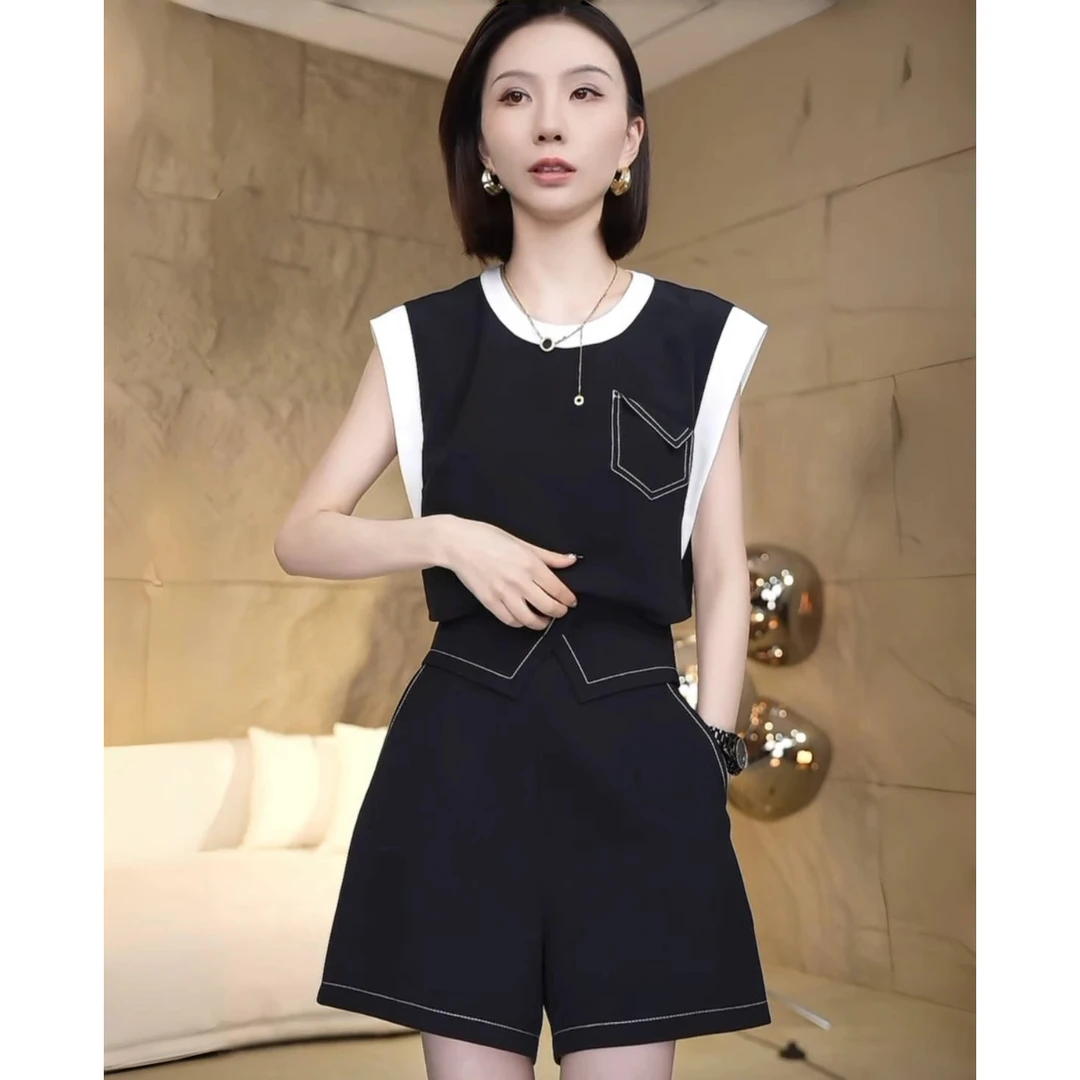 【两件套】今年流行的夏装套装女2025新款无袖上衣短裤两件套D1902