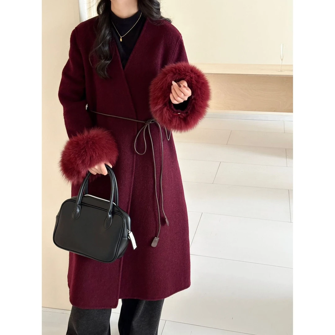 KIKI严选：811-AW家欧洲站南油秋季新款袖子毛毛收腰V领羊毛外套