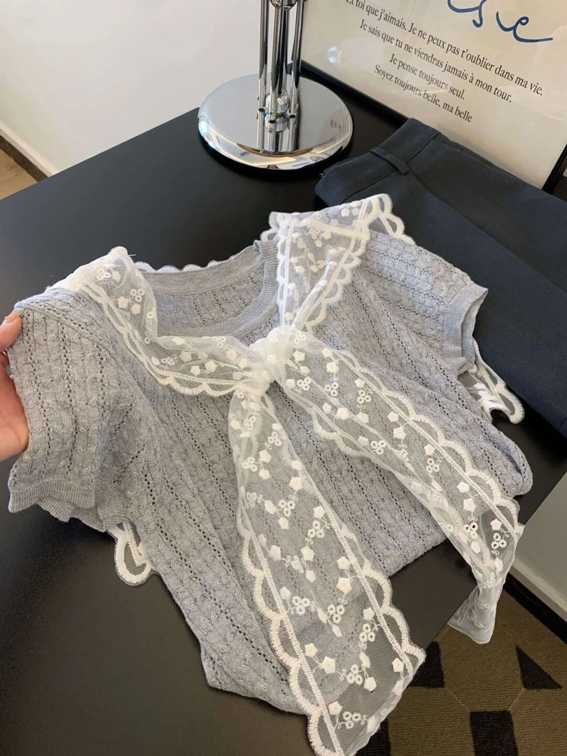 韩系复古蕾丝披肩叠穿灰色针织短袖女夏2025年新款减龄设计感上衣