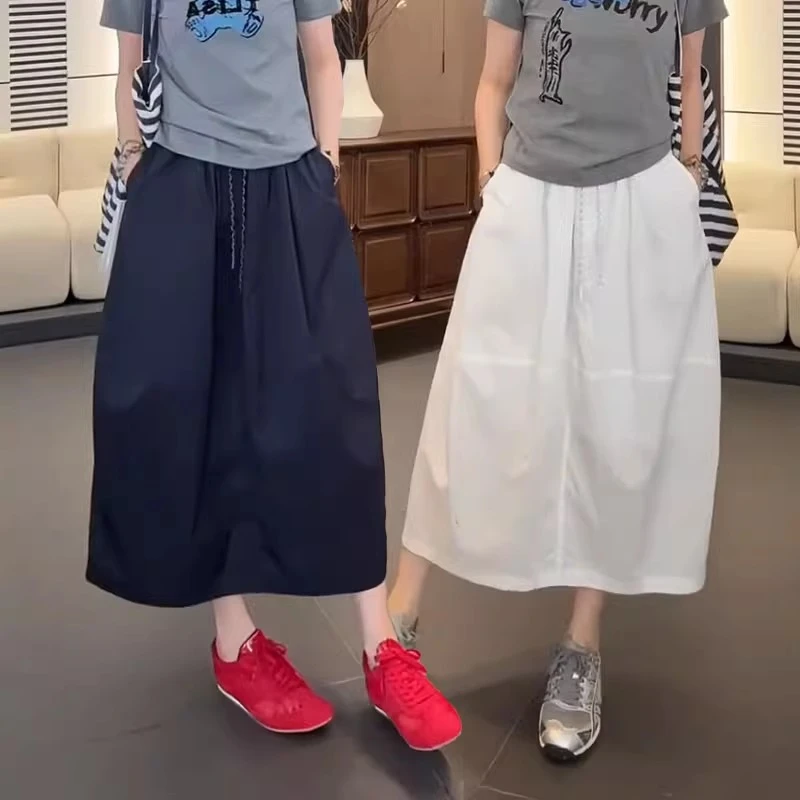美式抽绳工装半身裙女夏2025新款高腰显瘦A字裙宽松中长款灯笼裙