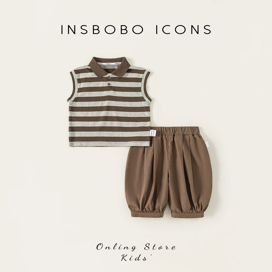 INSbobo儿童套装翻领横条纹无袖上衣松紧腰纯色收脚休闲裤XT85179