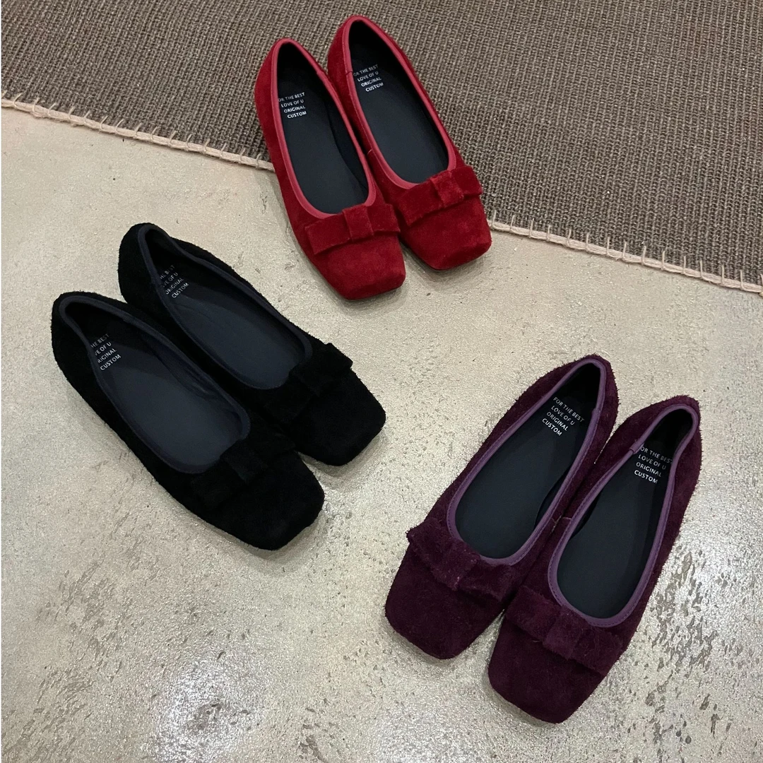 法式复古风小方头甜美蝴蝶结低跟浅口单鞋平底鞋温柔风气质低跟鞋