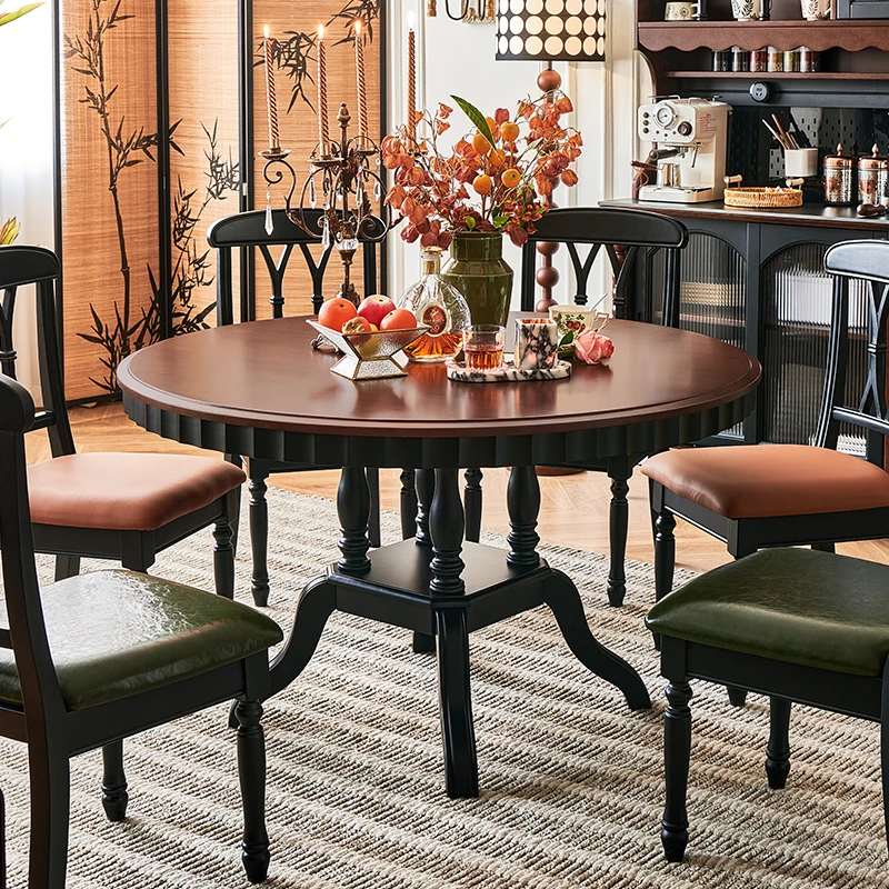 法式中古风圆形餐桌全实木饭桌家用餐厅桌椅复古家具