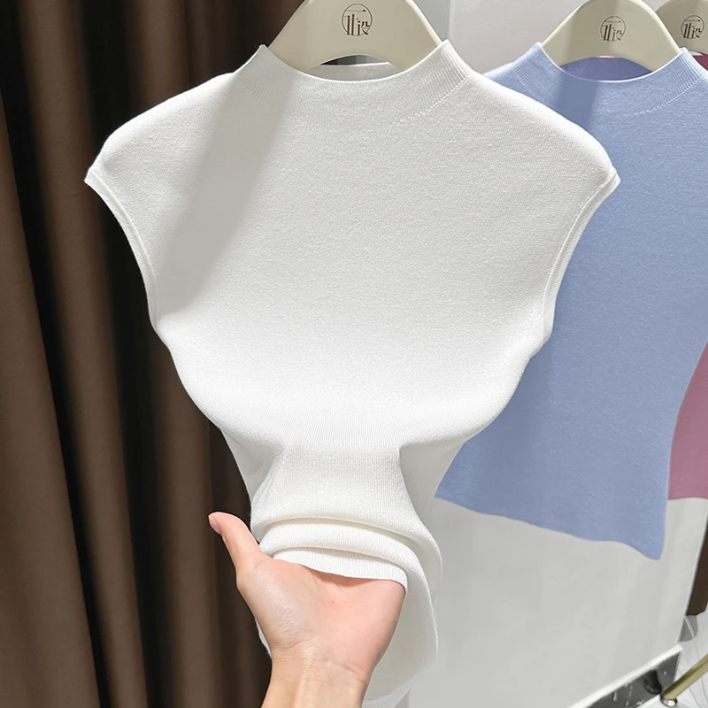 莱赛尔百搭薄款修身针织上衣女2025夏季半高领飞飞袖显瘦百搭t恤