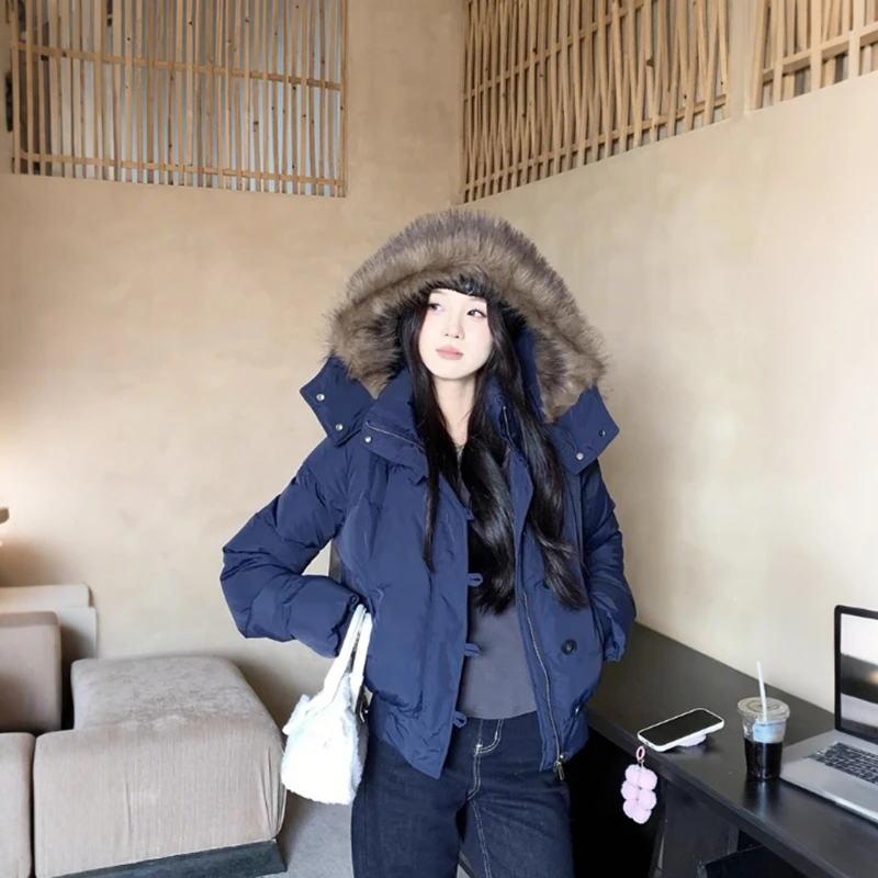 美式藏青色毛领连帽棉服外套女2025冬季新款短款保暖女士上衣
