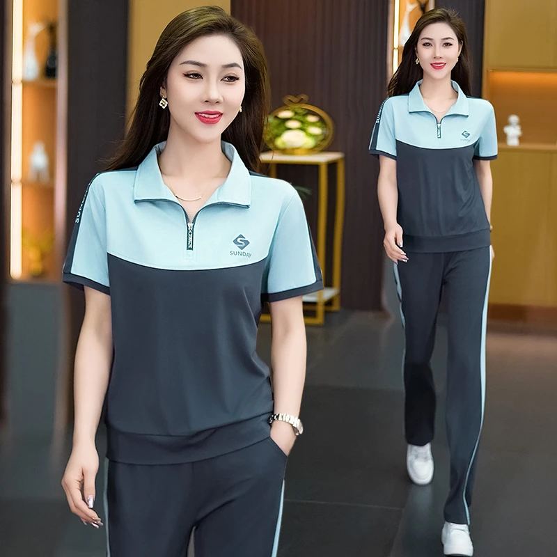 夏季短袖跑步减龄翻领中年女士长裤运动服休闲套装气质短袖两件套