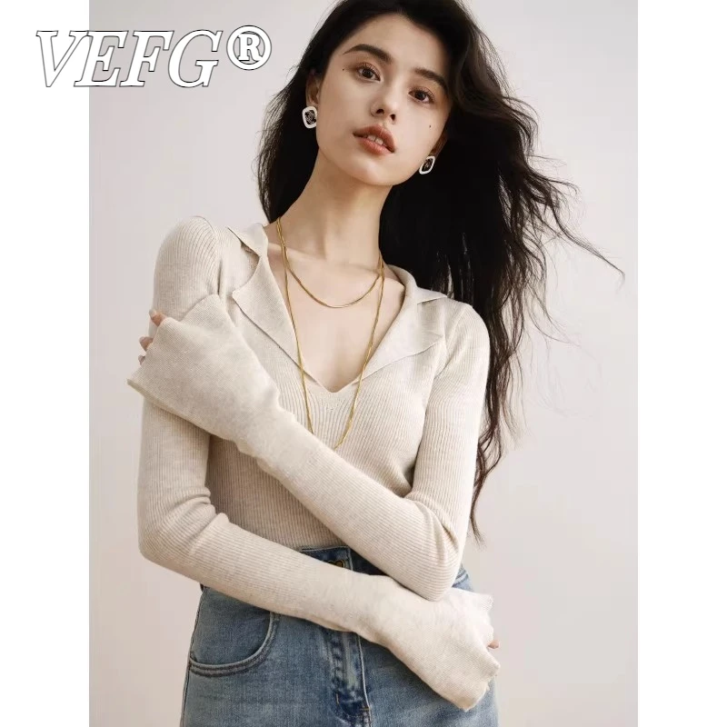 VEFG法式V领长袖打底衫女修身洋气内搭毛衣翻领针织衫喇叭袖上衣