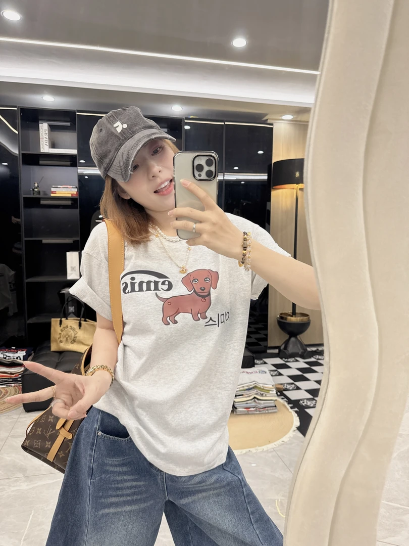 【铃铛小狗】夏季ins宽松纯棉短袖t恤女2025新款印花卡通百搭Q0102