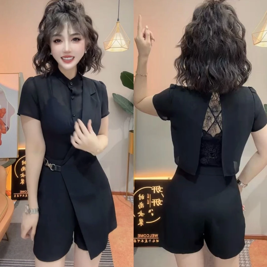 美背连体衣女夏季网红新款时尚百搭洋气西服领连体短裤黑色套装女