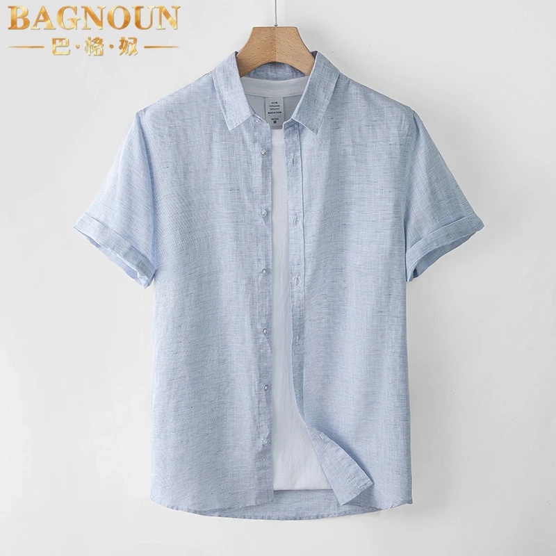 巴格奴亚麻短袖衬衫男士夏季新款时尚轻奢轻薄透气宽松款百搭衬衣