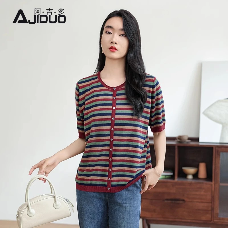 A65687阿吉多彩虹条纹短袖针织衫女夏2025新款套头气质减龄上衣