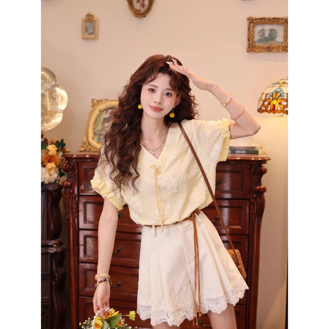 温舒敏【复古油画】复古港风夏季短袖设计T恤针织宽松上衣MJ1688348