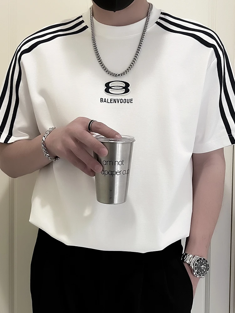 2025新款夏季男士侧边条纹T恤短袖潮牌潮流体恤男装上衣薄款半袖t