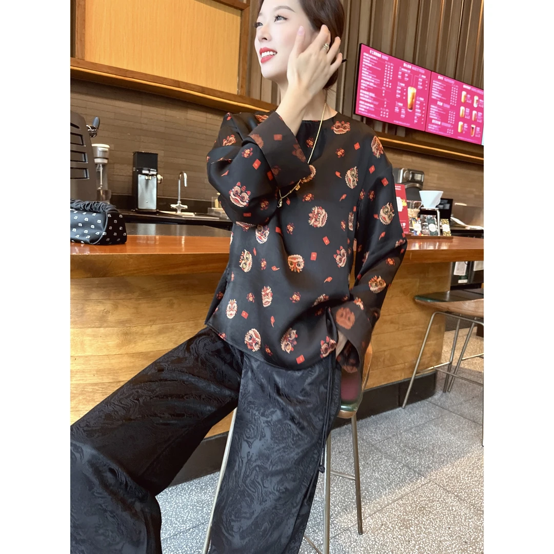 【老罗家】原创真丝衬衫女新中式桑蚕丝醒狮圆领长袖宽松气质衬衣