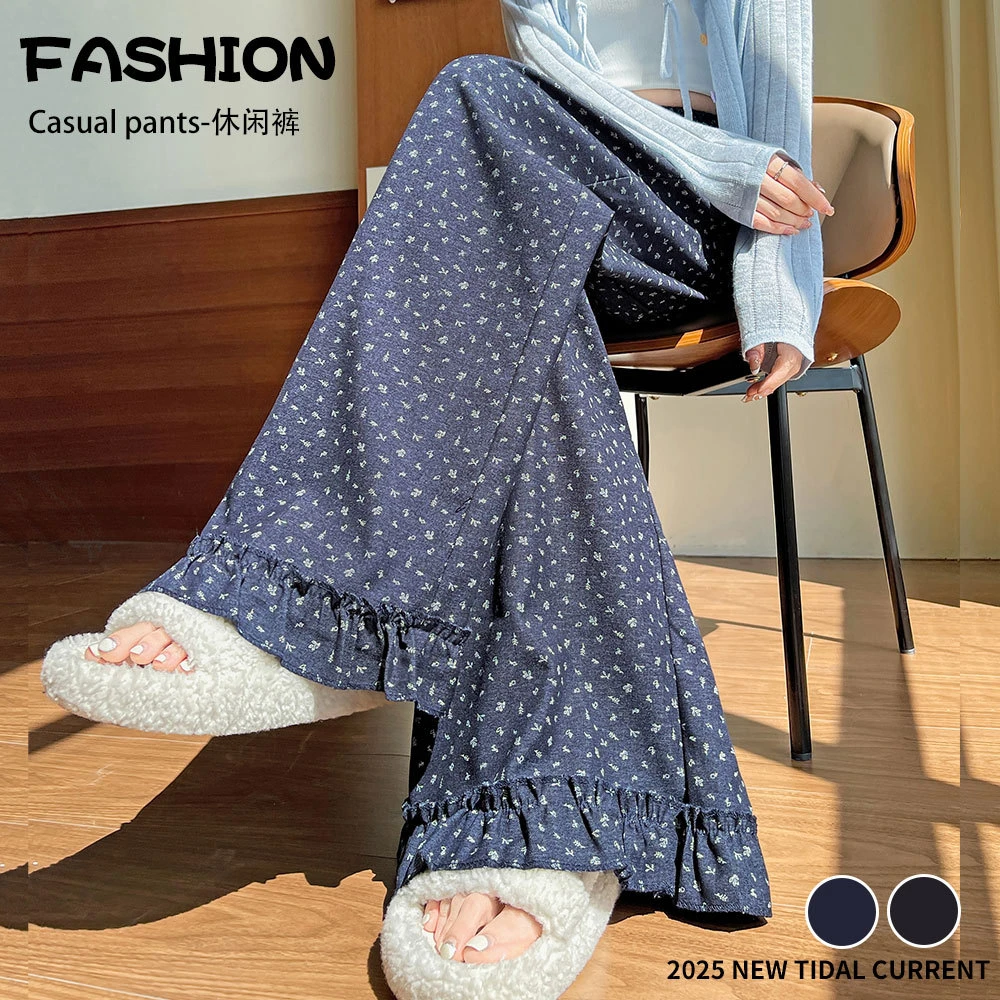 jjj93599仿牛仔木耳边印花休闲裤2025秋季宽松遮胯显瘦减龄阔腿裤