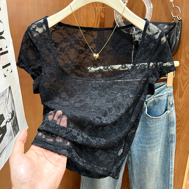 黑色提花蕾丝短袖t恤女夏季性感镂空大领口内搭薄纱透明短款上衣