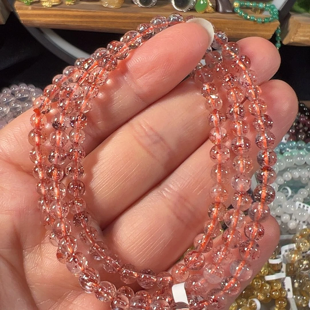 水晶手链未镶嵌巴西金草莓芬达色4.8mm透体三圈手串