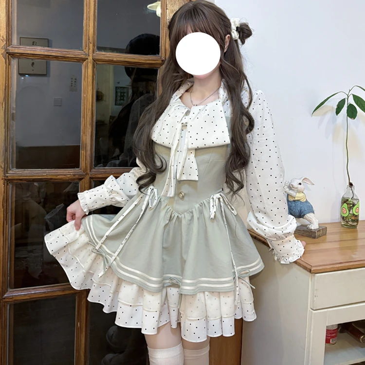 桔梗house现货浅春学院甜美薄荷色波点拼接蝴蝶结假两件少女短裙